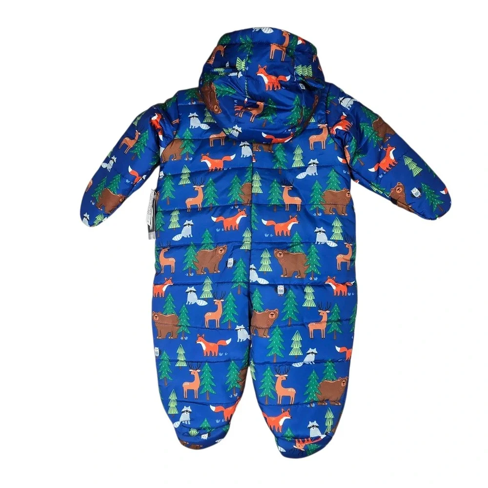 The Childrens Place Puffer Snowsuit Baby 6-9M Blue Woodland Animals NWT